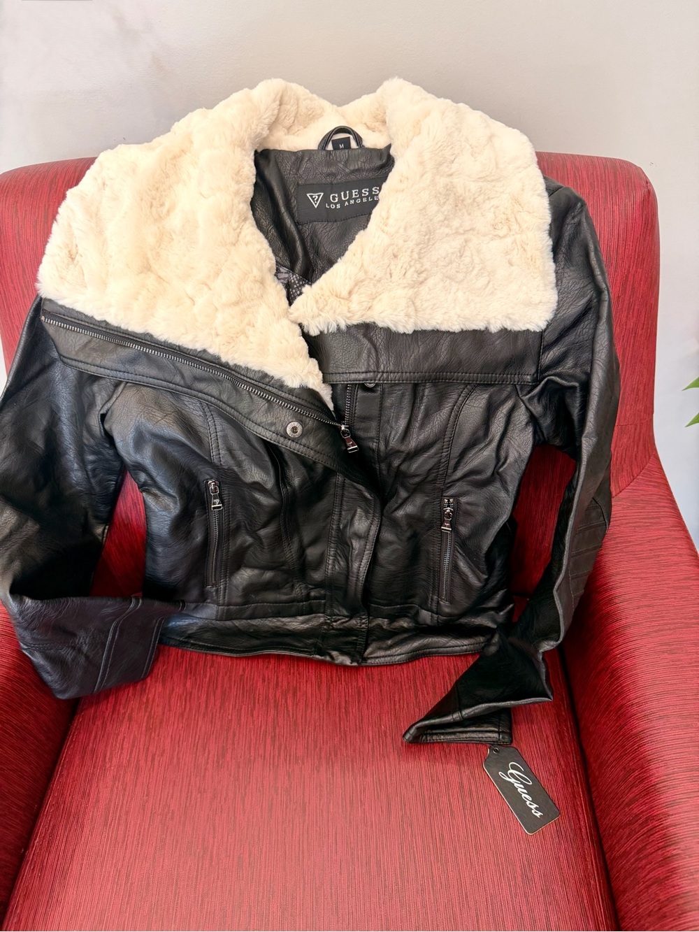 GUESS Black Leather Jacket with Cream Faux Fur Collar